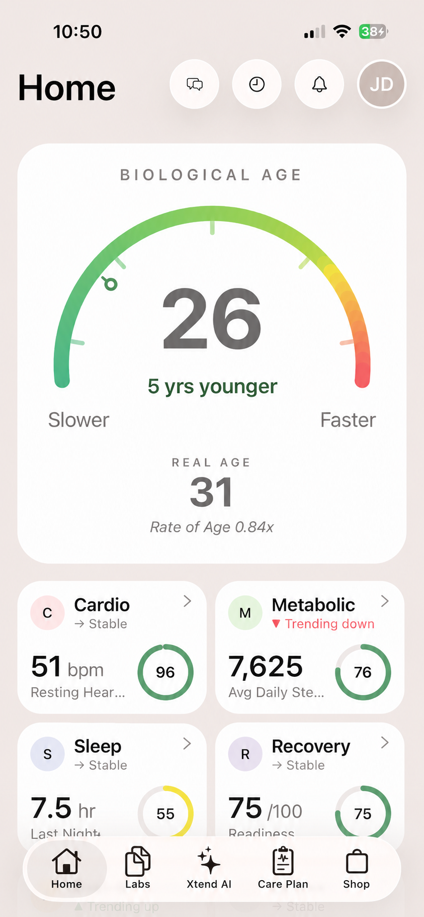 Patient app home — biological age, wearable data, and labs